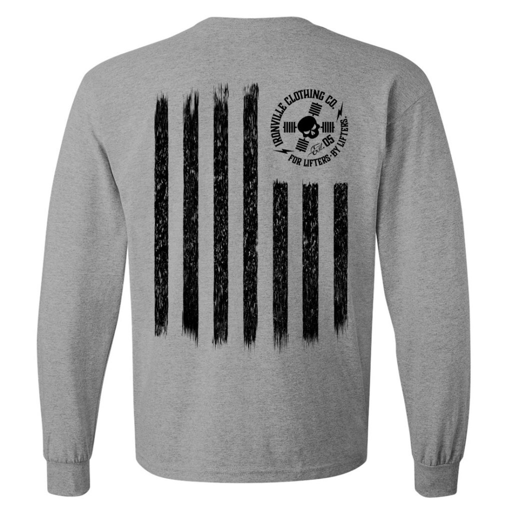 Iron Stripes United States American Flag Skull Weightlifting Long Sleeve T Shirt Sport Gray With Black