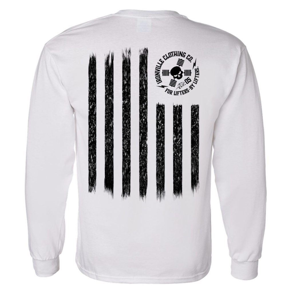 Iron Stripes United States American Flag Skull Weightlifting Long Sleeve T Shirt White With Black