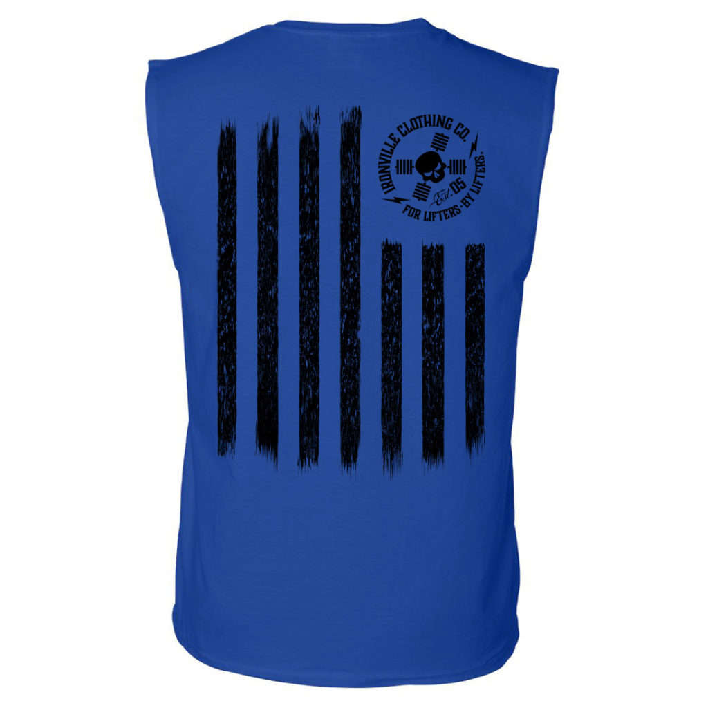 Iron Stripes United States American Flag Skull Weightlifting Sleeveless Gym T Shirt Royal Blue With Black