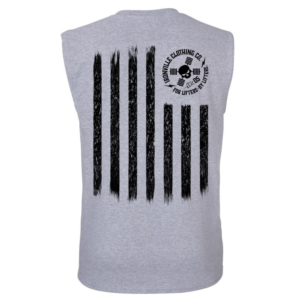 Iron Stripes United States American Flag Skull Weightlifting Sleeveless Gym T Shirt Sport Gray With Black