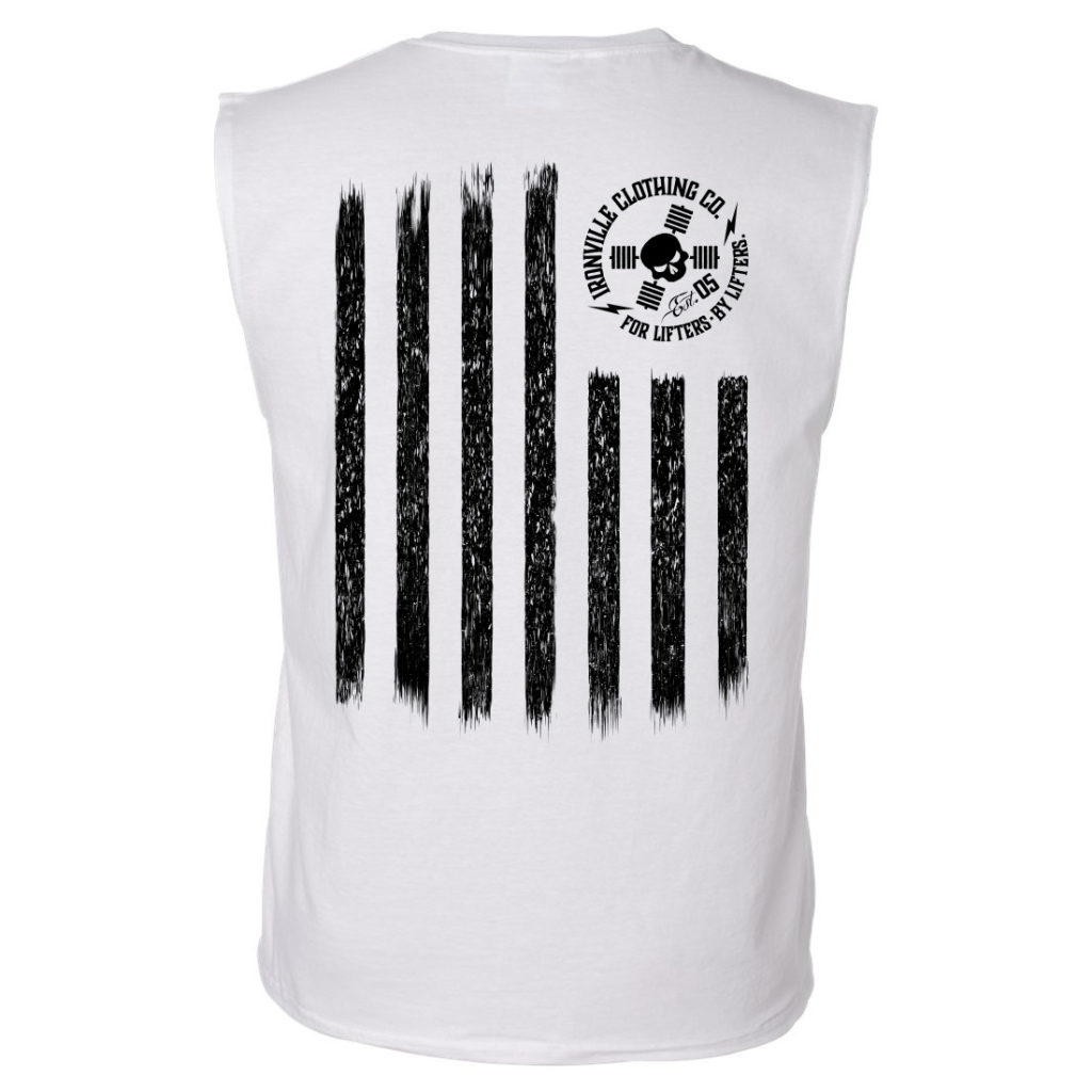 Iron Stripes United States American Flag Skull Weightlifting Sleeveless Gym T Shirt White With Black