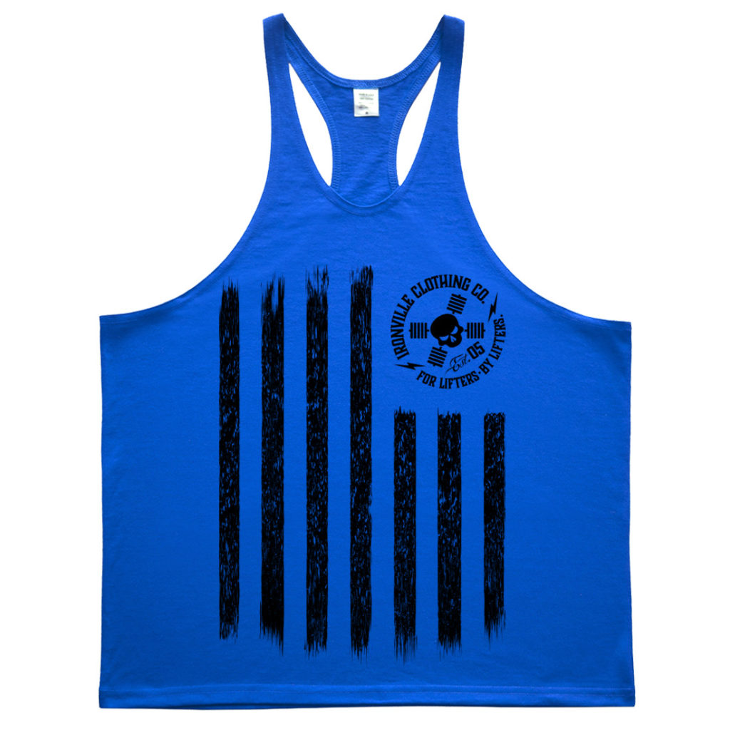 Iron Stripes United States American Flag Skull Weightlifting Stringer Tank Top Royal Blue With Black
