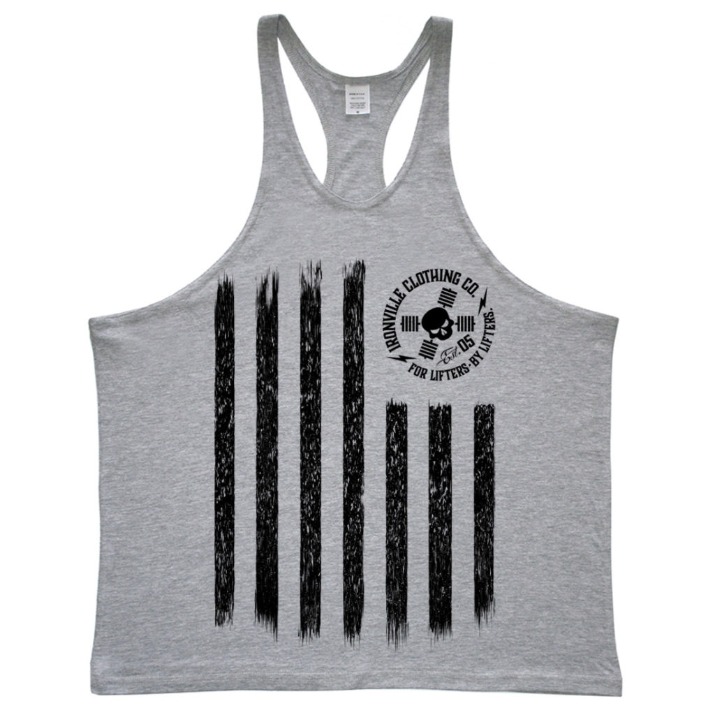 Iron Stripes United States American Flag Skull Weightlifting Stringer Tank Top Sport Gray With Black
