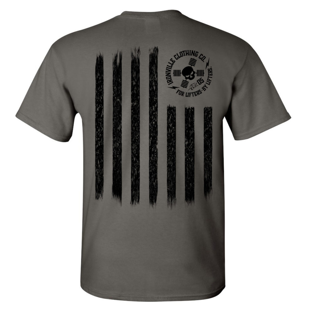 Iron Stripes United States American Flag Skull Weightlifting T Shirt Charcoal With Black Ink Back Art