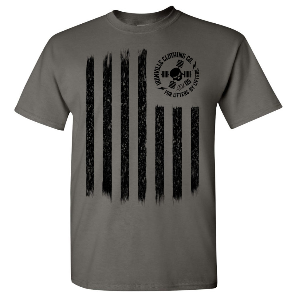 Iron Stripes United States American Flag Skull Weightlifting T Shirt Charcoal With Black Ink Front Art