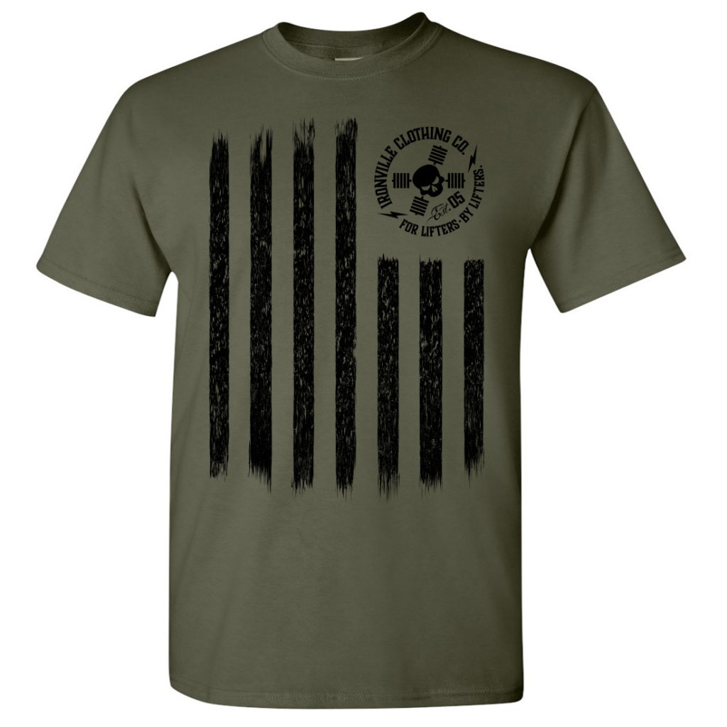 Iron Stripes United States American Flag Skull Weightlifting T Shirt Military Green With Black Ink Front Art