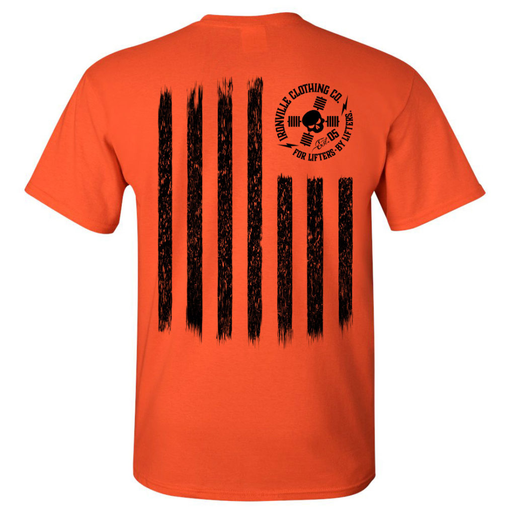 Iron Stripes United States American Flag Skull Weightlifting T Shirt Orange With Black Ink Back Art