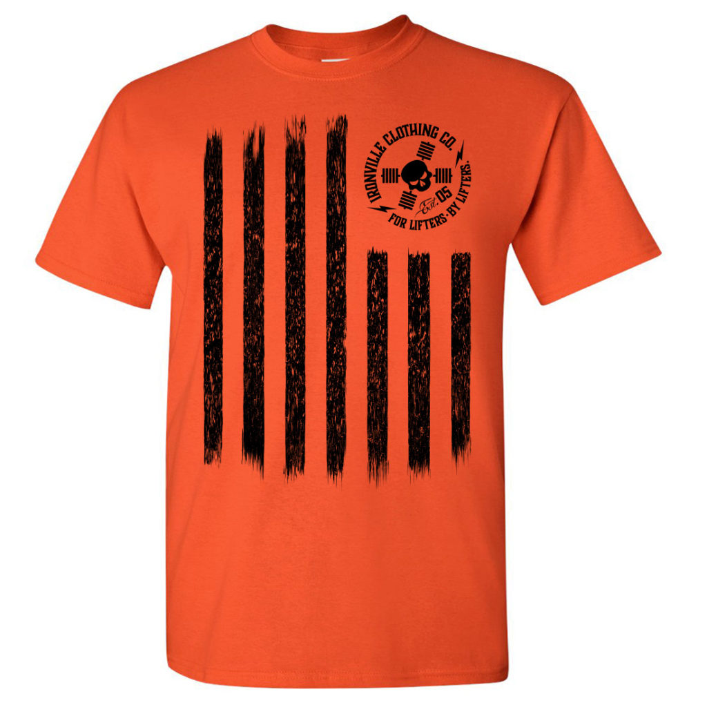 Iron Stripes United States American Flag Skull Weightlifting T Shirt Orange With Black Ink Front Art
