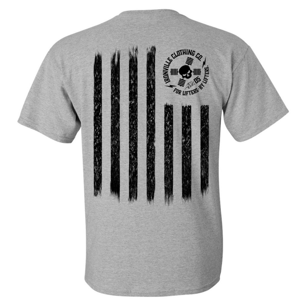 Iron Stripes United States American Flag Skull Weightlifting T Shirt Sport Gray With Black Ink Back Art