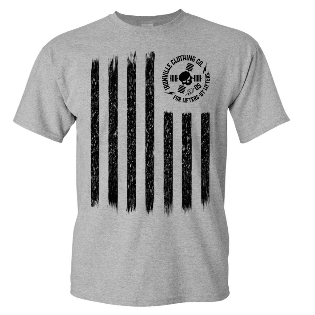 Iron Stripes United States American Flag Skull Weightlifting T Shirt Sport Gray With Black Ink Front Art