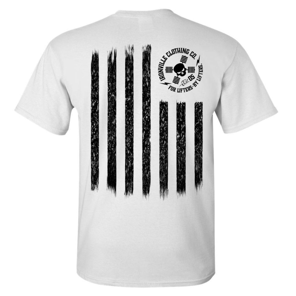 Iron Stripes United States American Flag Skull Weightlifting T Shirt White With Black Ink Back Art