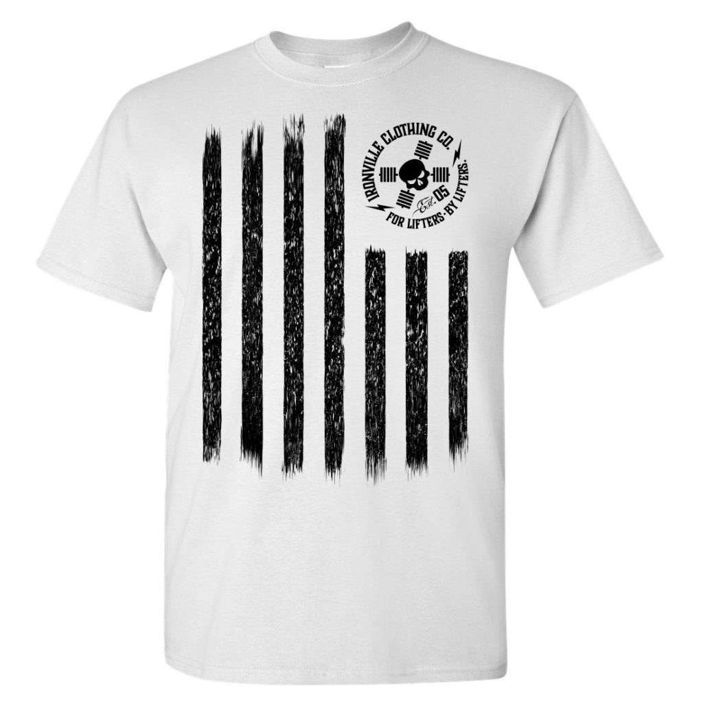 Iron Stripes United States American Flag Skull Weightlifting T Shirt White With Black Ink Front Art