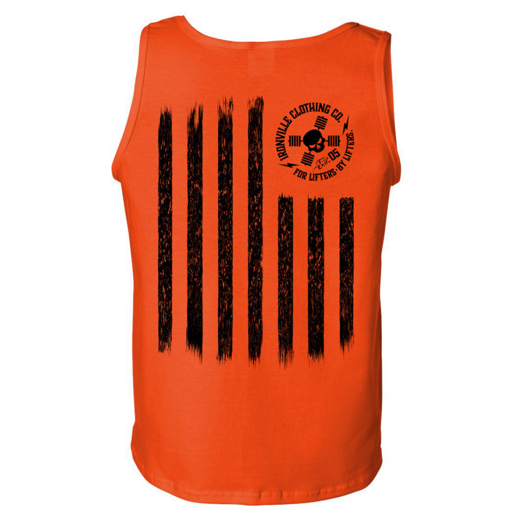Iron Stripes United States American Flag Skull Weightlifting Tank Top Orange With Black