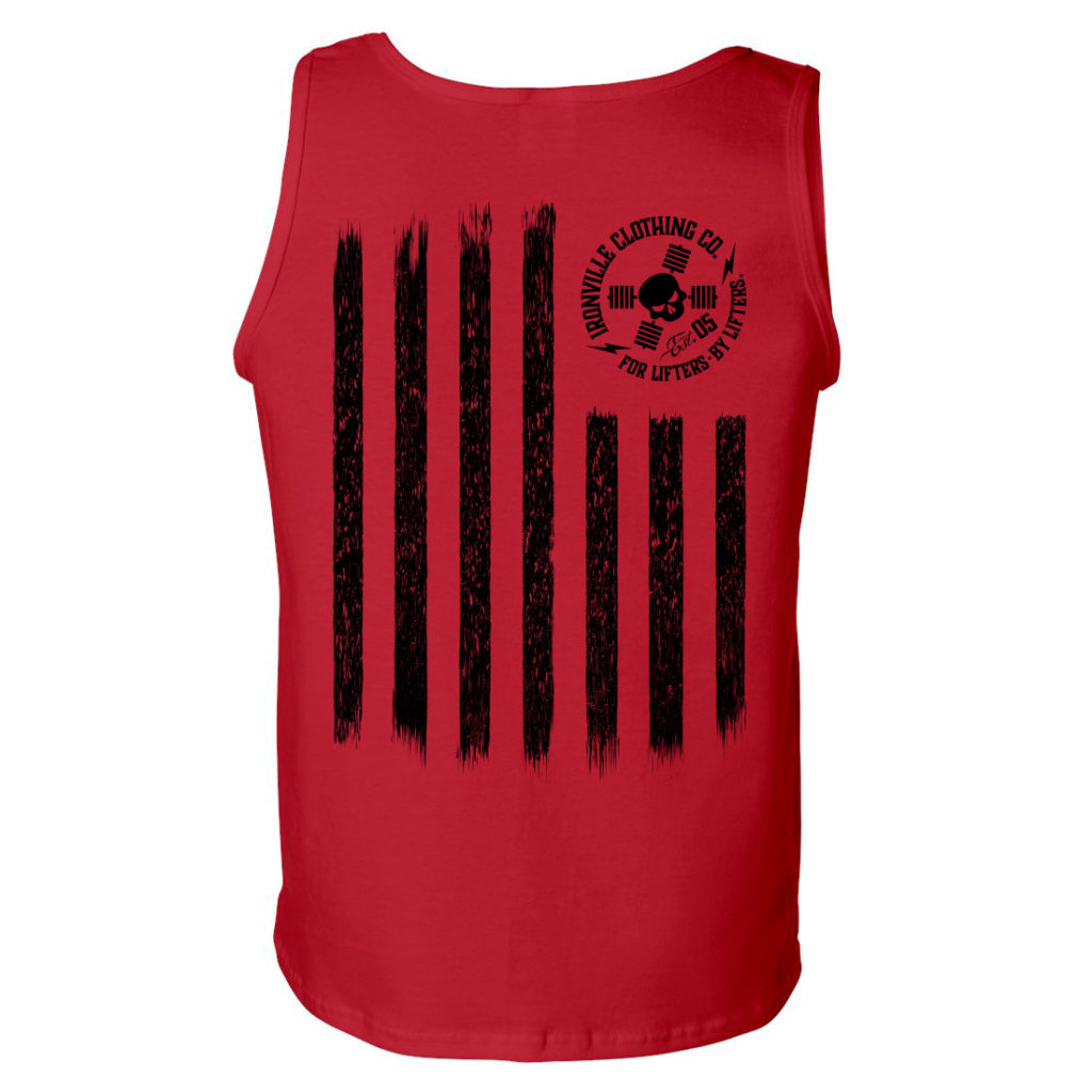 Iron Stripes United States American Flag Skull Weightlifting Tank Top Red With Black