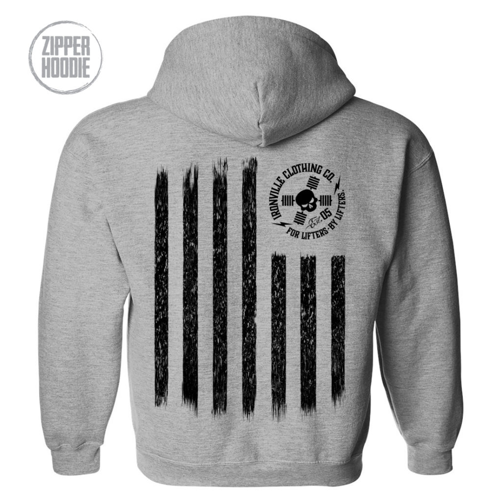 Iron Stripes United States American Flag Skull Weightlifting Zipper Hoodie Sport Gray With Black Ink