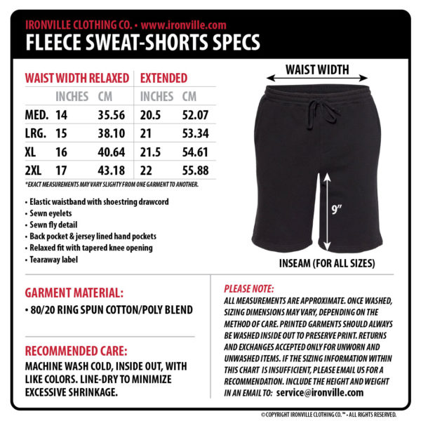 Ironville Gym Fleece Sweat Shorts Size Chart 2020