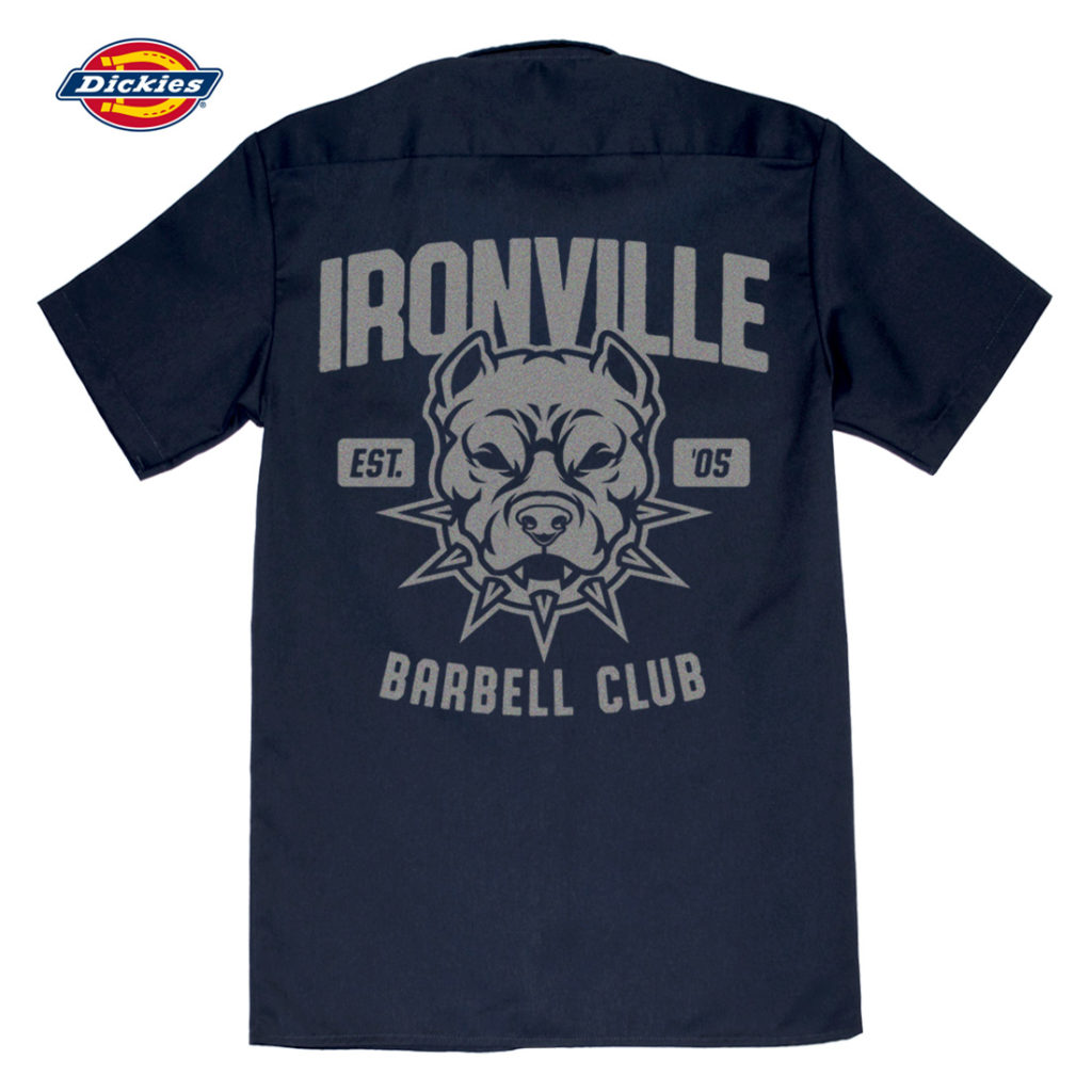 Ironville Pit Bull Barbell Club Bodybuilding Casual Button Down Shop Shirt Navy Blue With Sliver