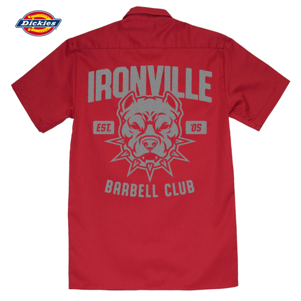 Ironville Pit Bull Barbell Club Bodybuilding Casual Button Down Shop Shirt Red With Sliver