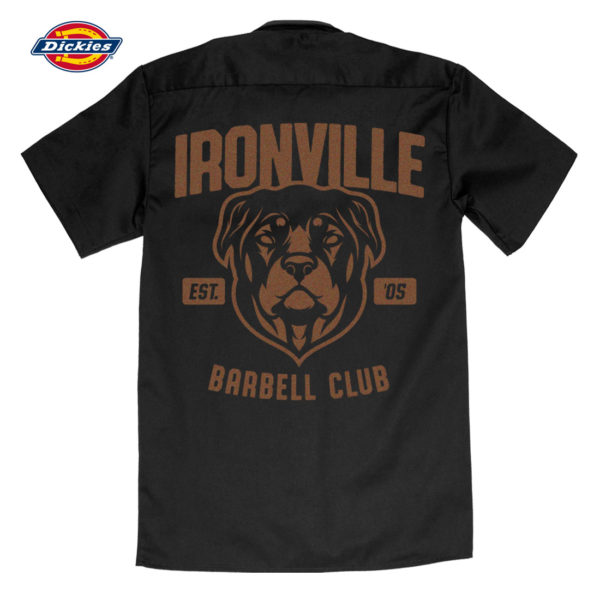 Ironville Rottweiler Dog Rottie Barbell Club Weightlifting Casual Button Down Shop Shirt Black With Copper