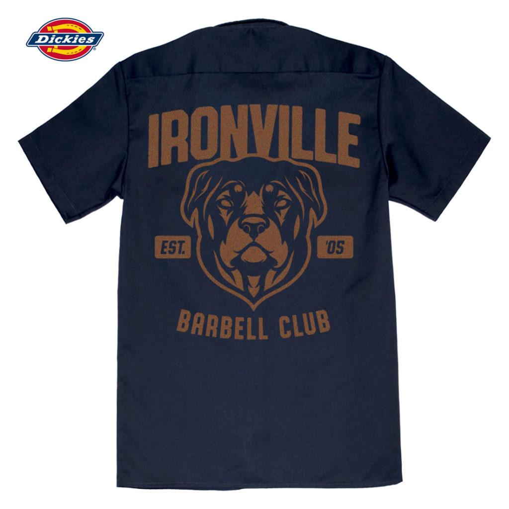 Ironville Rottweiler Dog Rottie Barbell Club Weightlifting Casual Button Down Shop Shirt Navy Blue With Copper