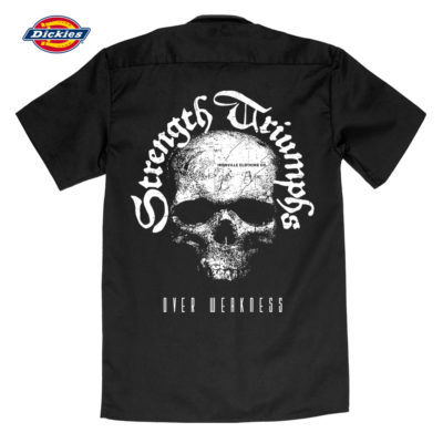 Strength Triumphs Over Weakness Weightlifting Casual Button Down Shop Shirt Black With White