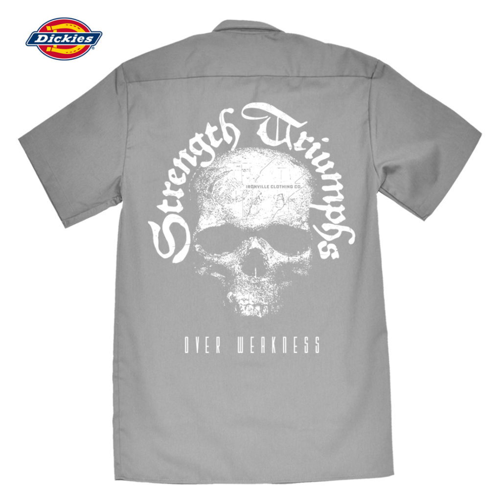 Strength Triumphs Over Weakness Weightlifting Casual Button Down Shop Shirt Gray With White