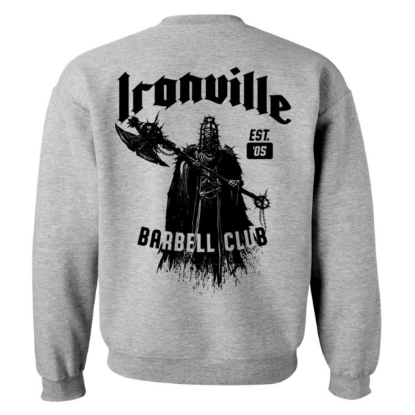 Ironville Limited Halloween Barbell Club Weightlifting Sweatshirt Gray Back