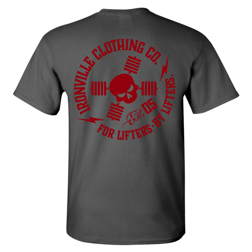 Ironville For Lifters Bodybuilding Tshirt Charcoal Red Back