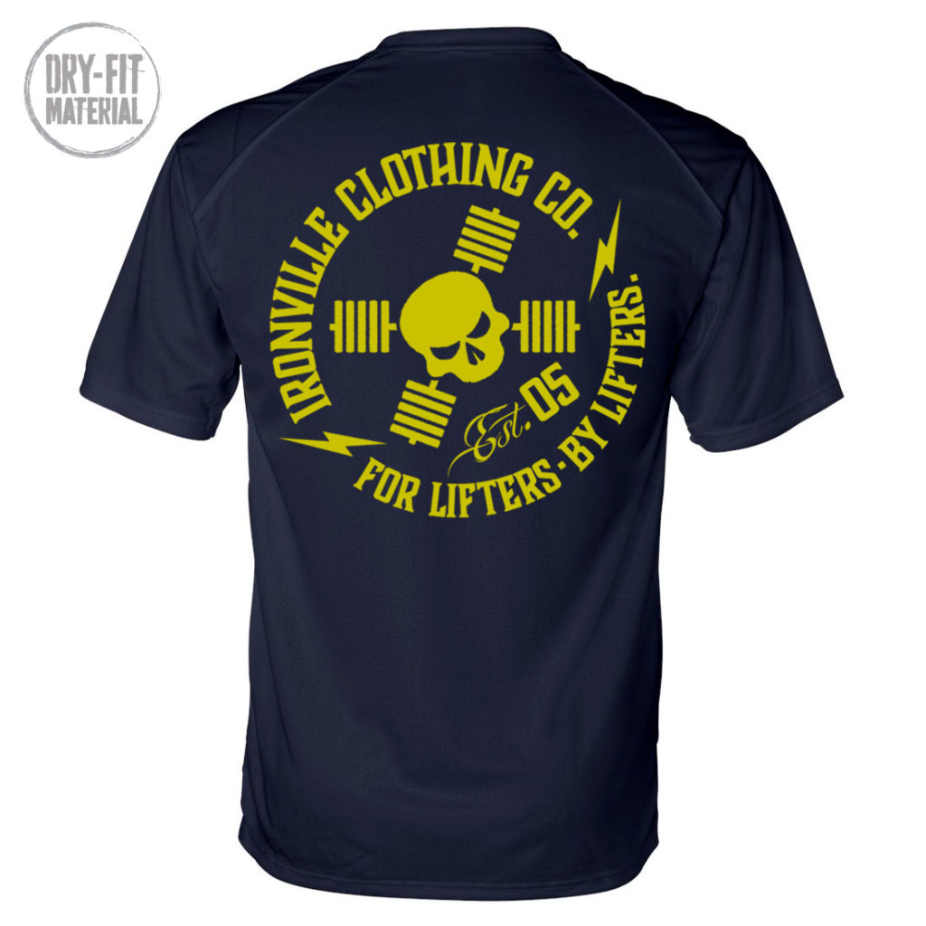 Ironville For Lifters Dri Fit Bodybuilding T Shirt Navy Yellow Back