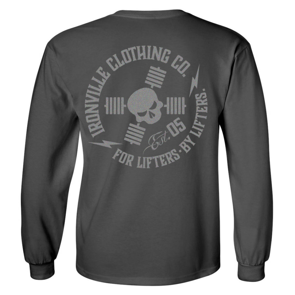 Ironville For Lifters Long Sleeve Bodybuilding T Shirt Charcoal Silver Back