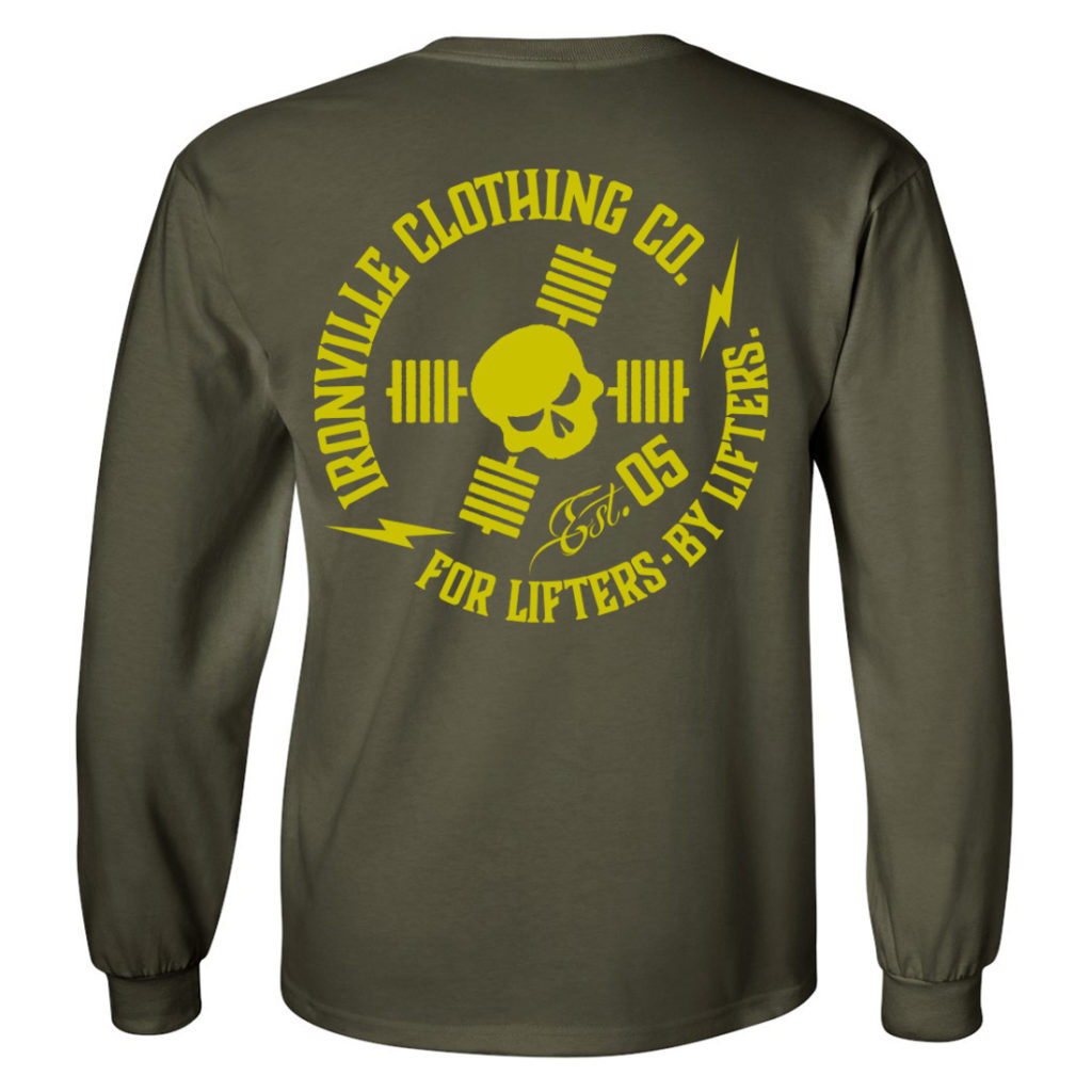 Ironville For Lifters Long Sleeve Bodybuilding T Shirt Military Yellow Back