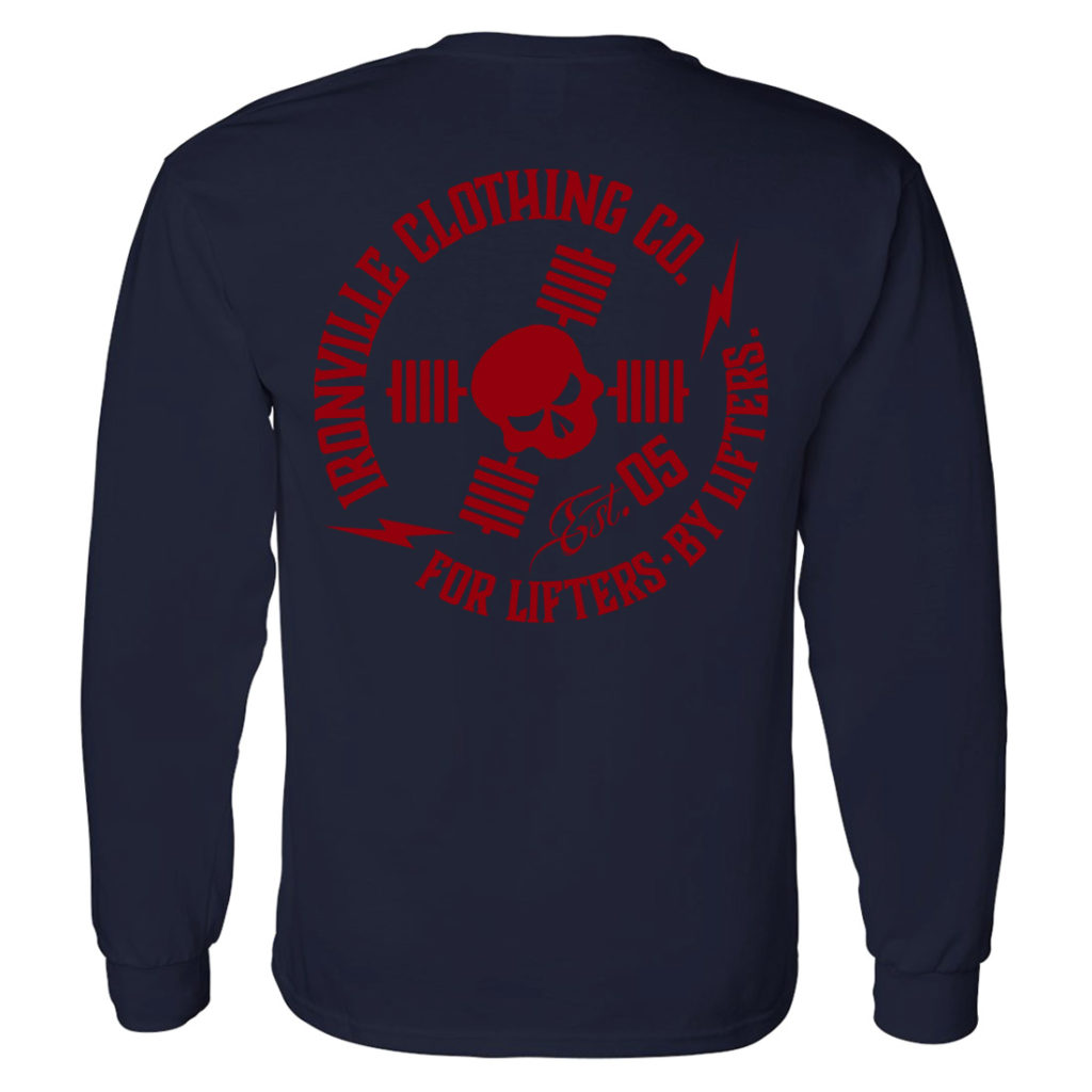 Ironville For Lifters Long Sleeve Bodybuilding T Shirt Navy Red Back