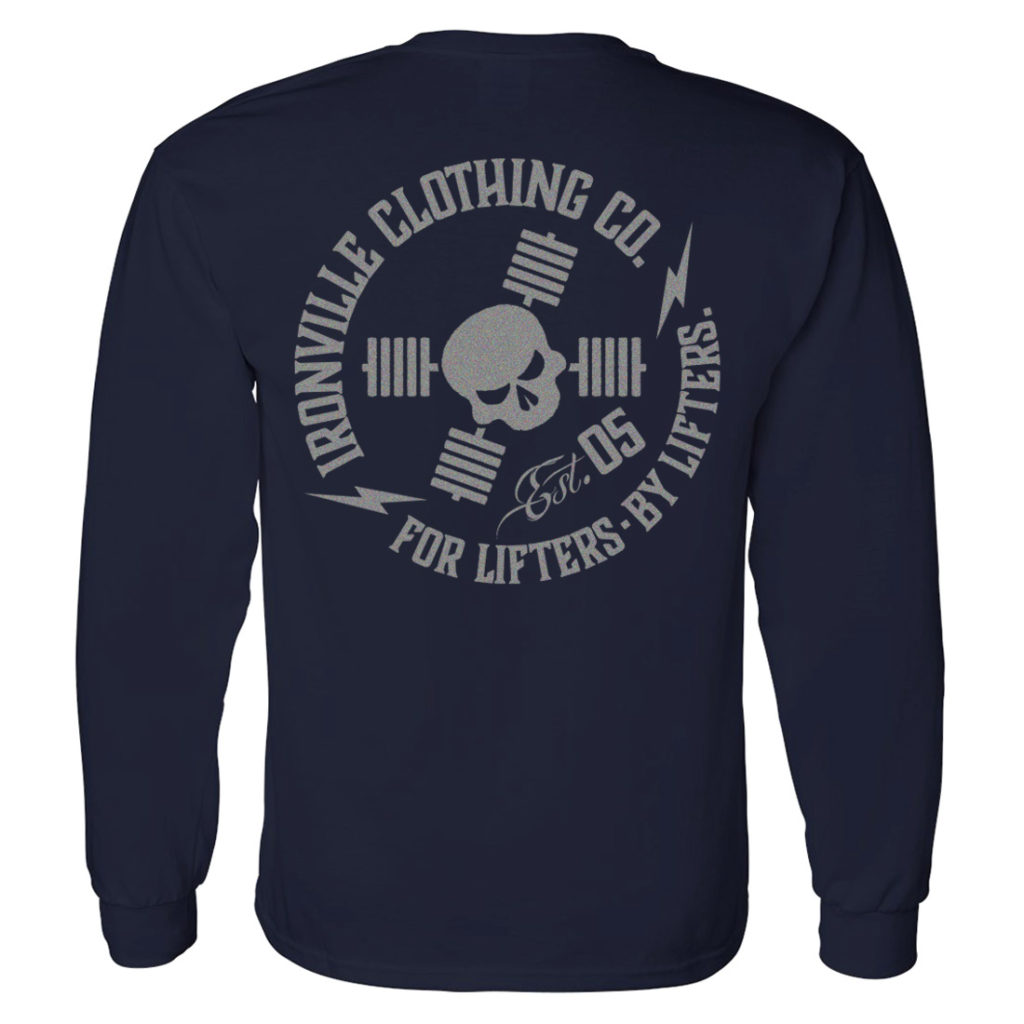 Ironville For Lifters Long Sleeve Bodybuilding T Shirt Navy Silver Back