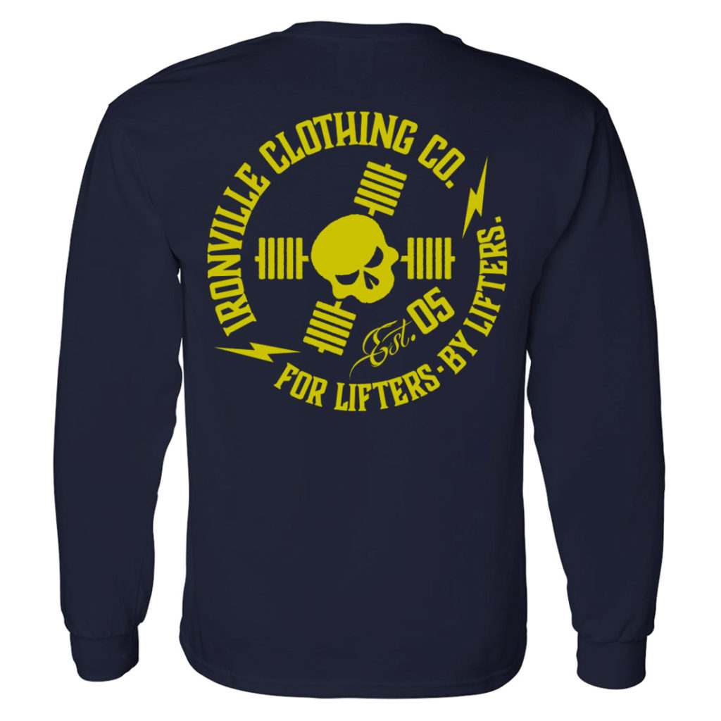 Ironville For Lifters Long Sleeve Bodybuilding T Shirt Navy Yellow Back
