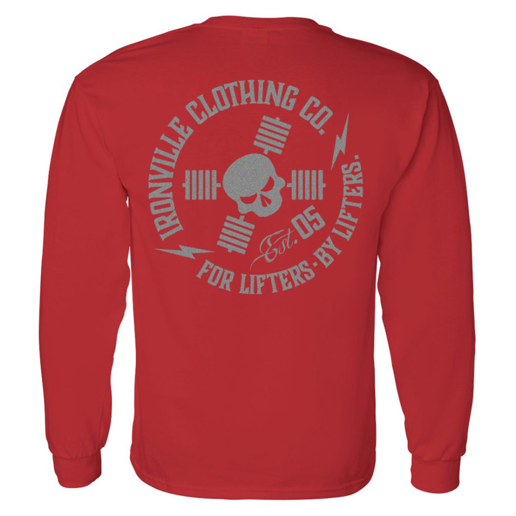 Ironville For Lifters Long Sleeve Bodybuilding T Shirt Red Silver Back