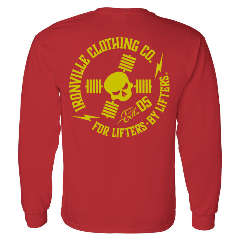 Ironville For Lifters Long Sleeve Bodybuilding T Shirt Red Yellow Back