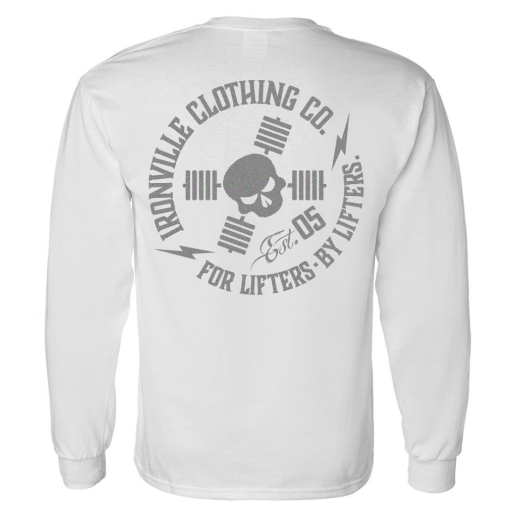 Ironville For Lifters Long Sleeve Bodybuilding T Shirt White Silver Back