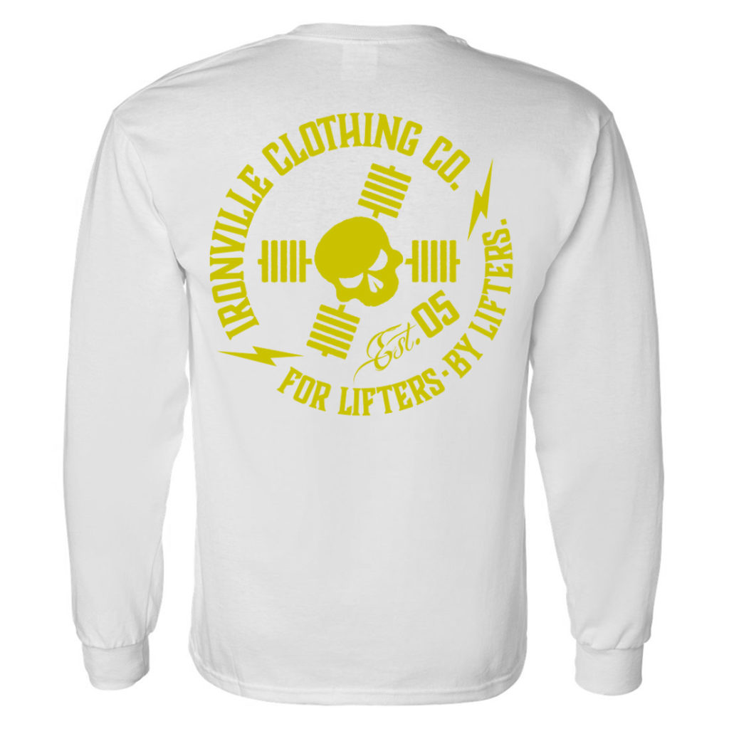 Ironville For Lifters Long Sleeve Bodybuilding T Shirt White Yellow Back