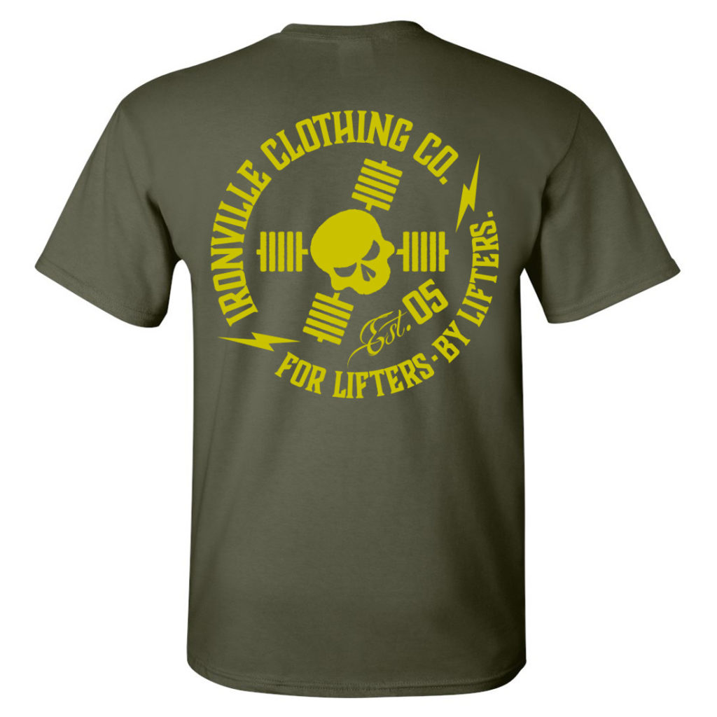Ironville For Lifters Powerlifting Tshirt Military Yellow Back
