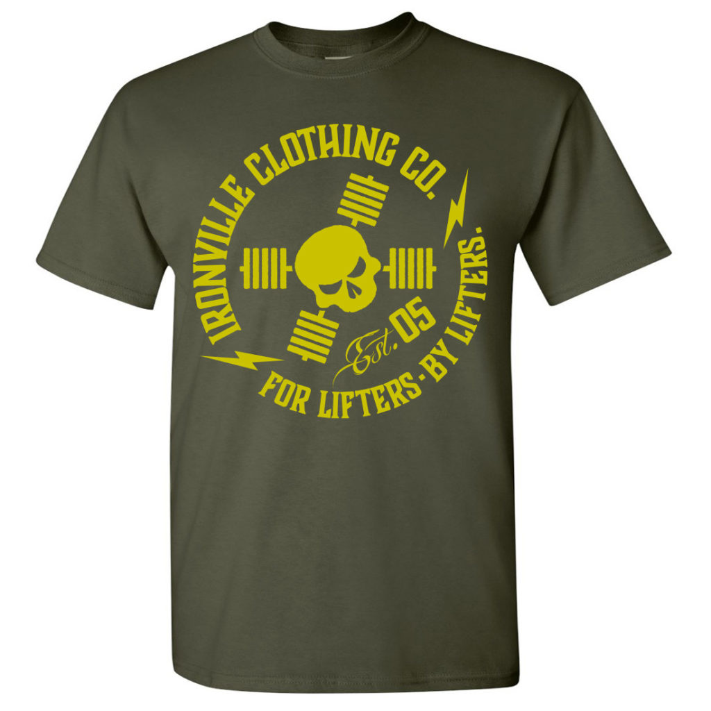 Ironville For Lifters Powerlifting Tshirt Military Yellow Front