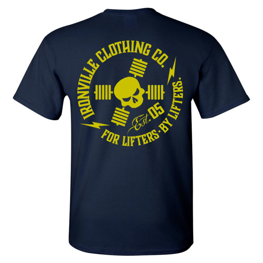 Ironville For Lifters Powerlifting Tshirt Navy Yellow Back