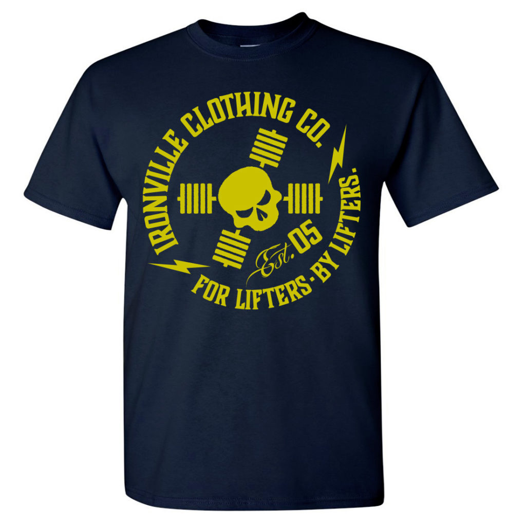 Ironville For Lifters Powerlifting Tshirt Navy Yellow Front
