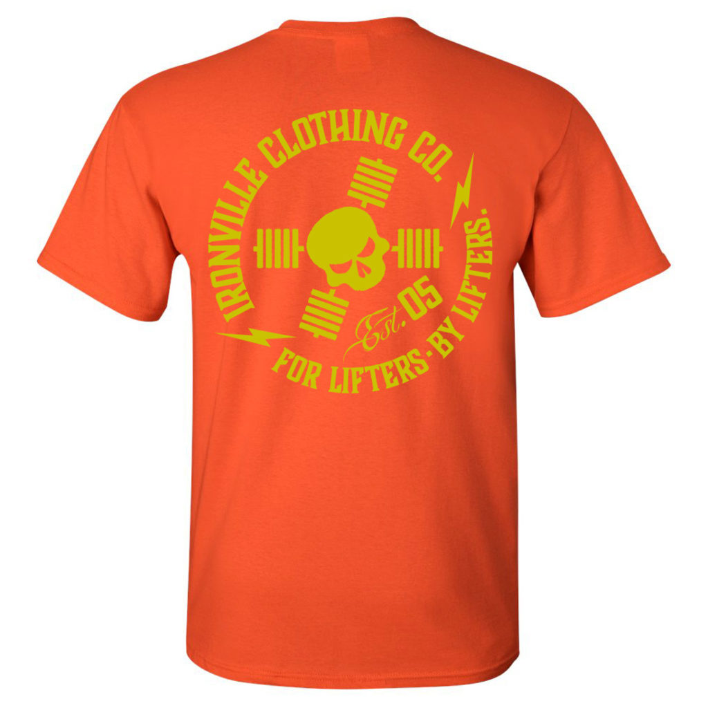 Ironville For Lifters Powerlifting Tshirt Orange Yellow Back
