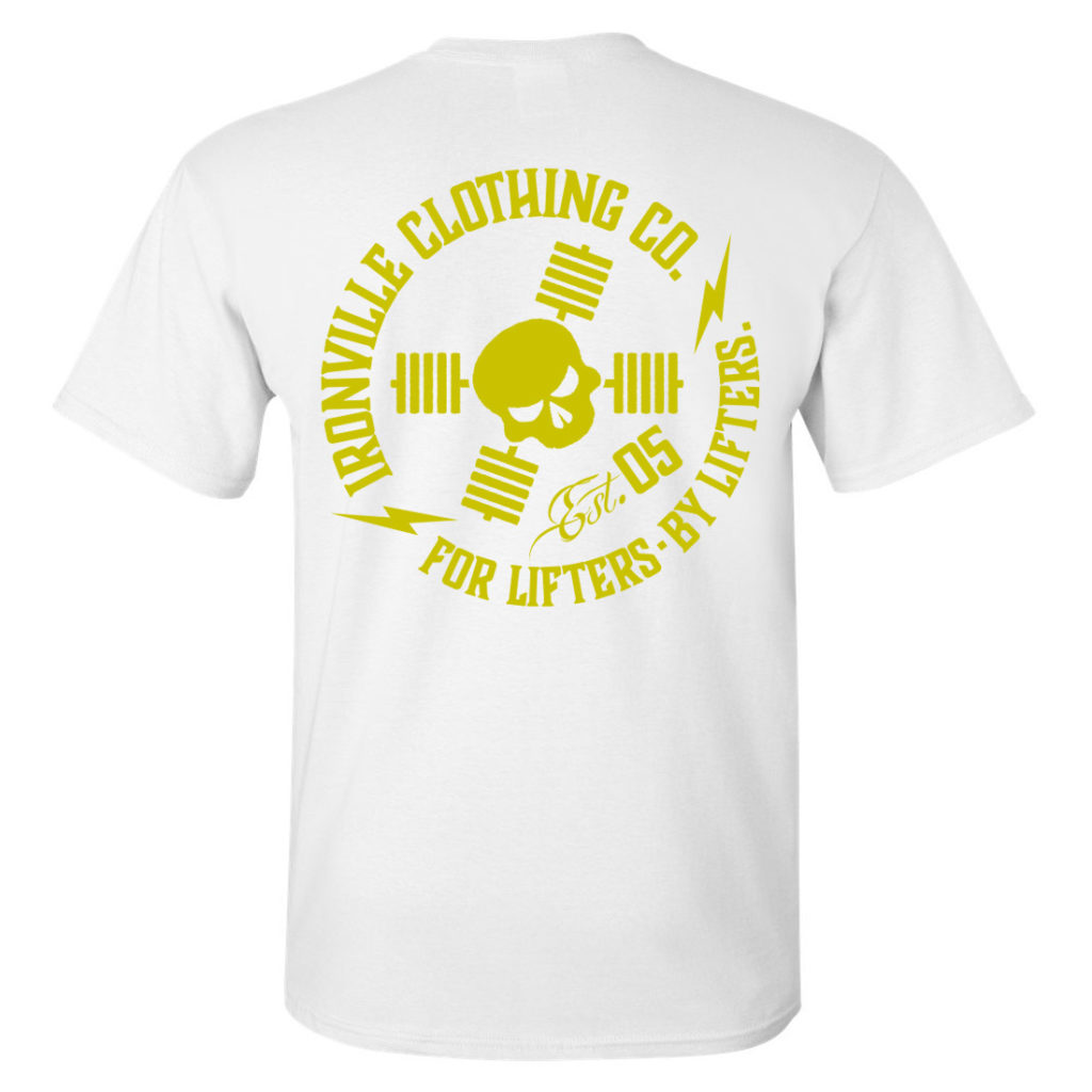 Ironville For Lifters Powerlifting Tshirt White Yellow Back