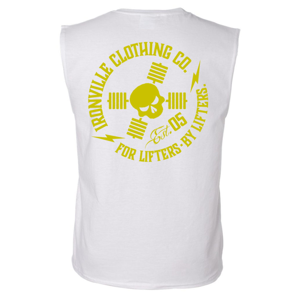 Ironville For Lifters Sleeveless Bodybuilding T Shirt White Yellow Back