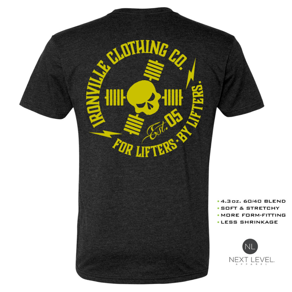 Ironville For Lifters Soft Blend Powerlifting T Shirt Charcoal Yellow Back