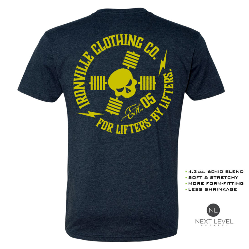 Ironville For Lifters Soft Blend Powerlifting T Shirt Navy Yellow Back