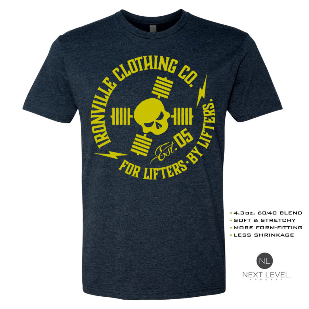 Ironville For Lifters Soft Blend Powerlifting T Shirt Navy Yellow Front