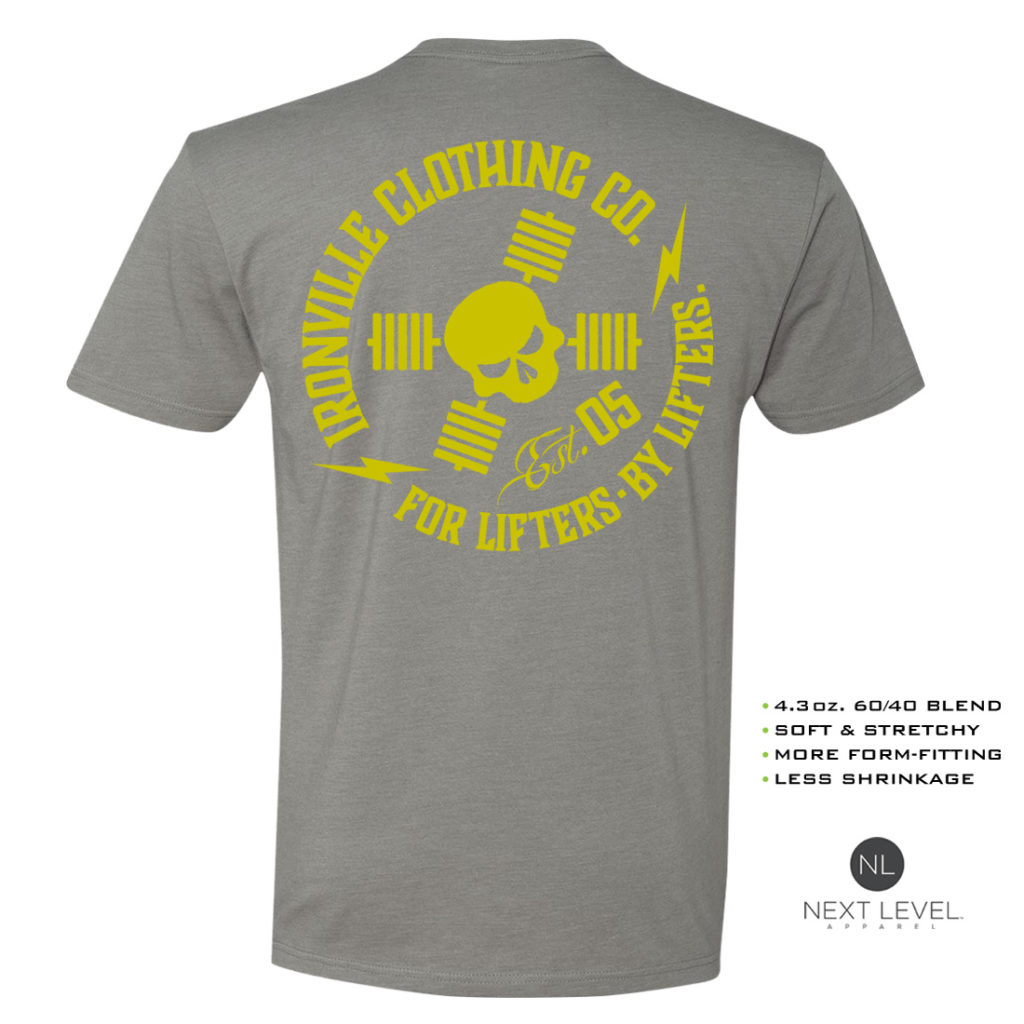 Ironville For Lifters Soft Blend Weightlifting T Shirt Gray Yellow Back