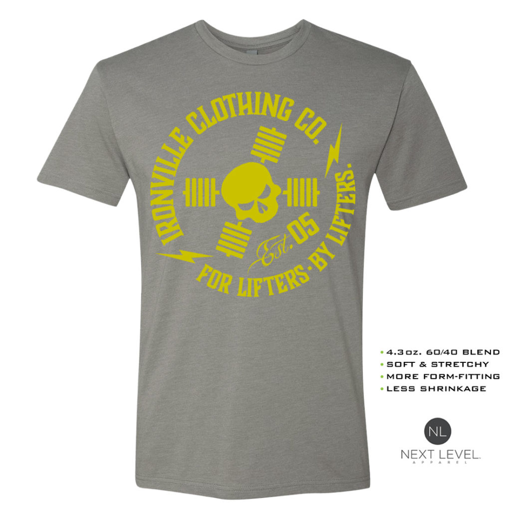 Ironville For Lifters Soft Blend Weightlifting T Shirt Gray Yellow Front